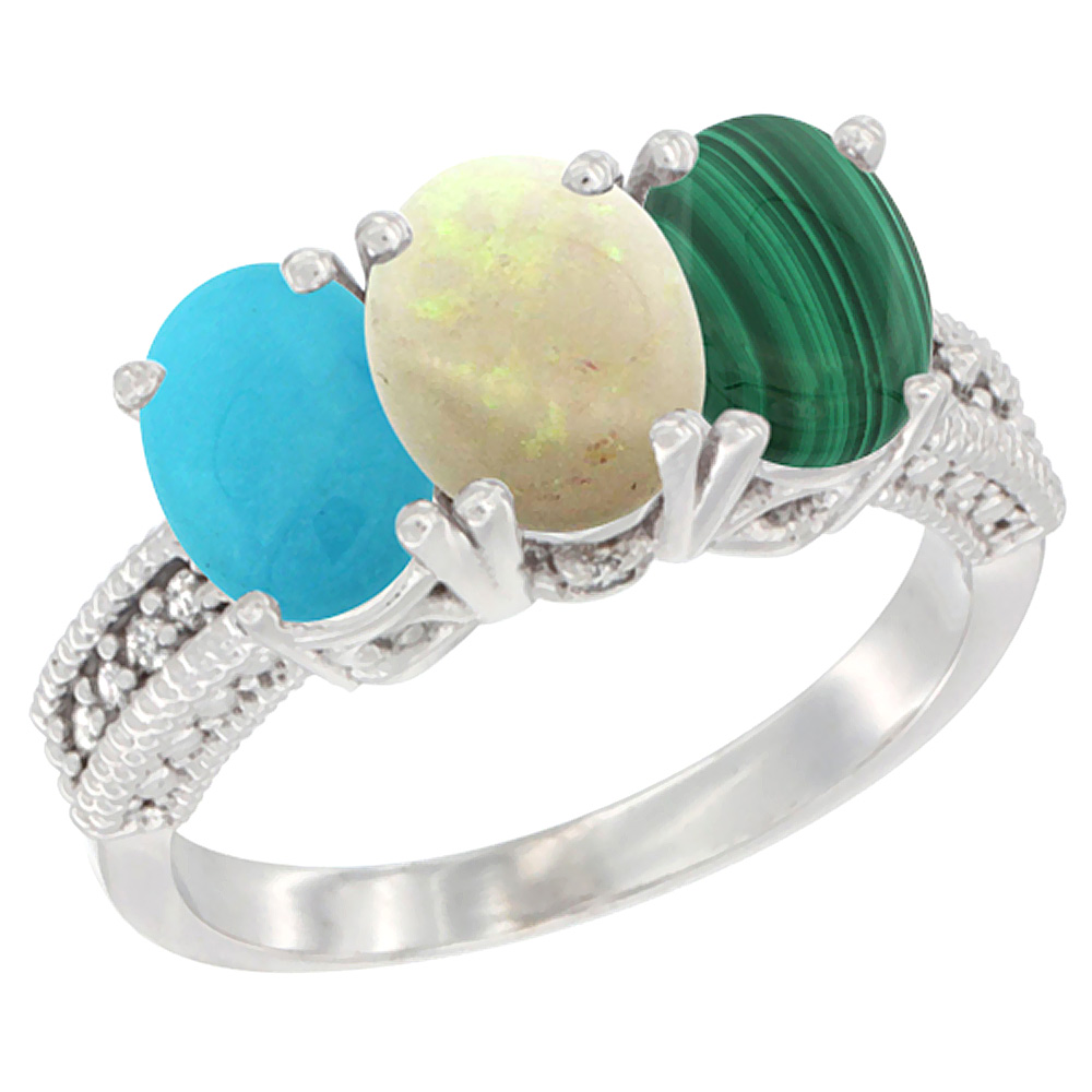 14K White Gold Natural Turquoise, Opal & Malachite Ring 3-Stone 7x5 mm Oval Diamond Accent, sizes 5 - 10