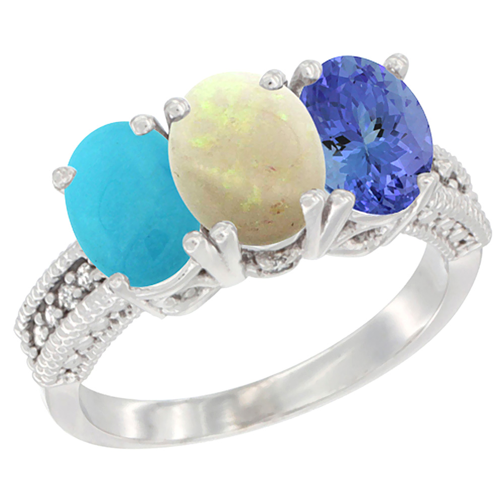 14K White Gold Natural Turquoise, Opal & Tanzanite Ring 3-Stone 7x5 mm Oval Diamond Accent, sizes 5 - 10