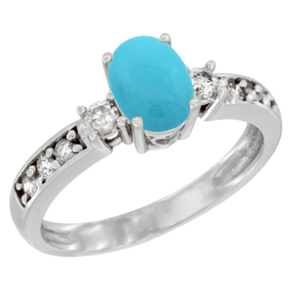 10k White Gold Natural Turquoise Ring Oval 7x5 mm Diamond Accent, sizes 5 - 10