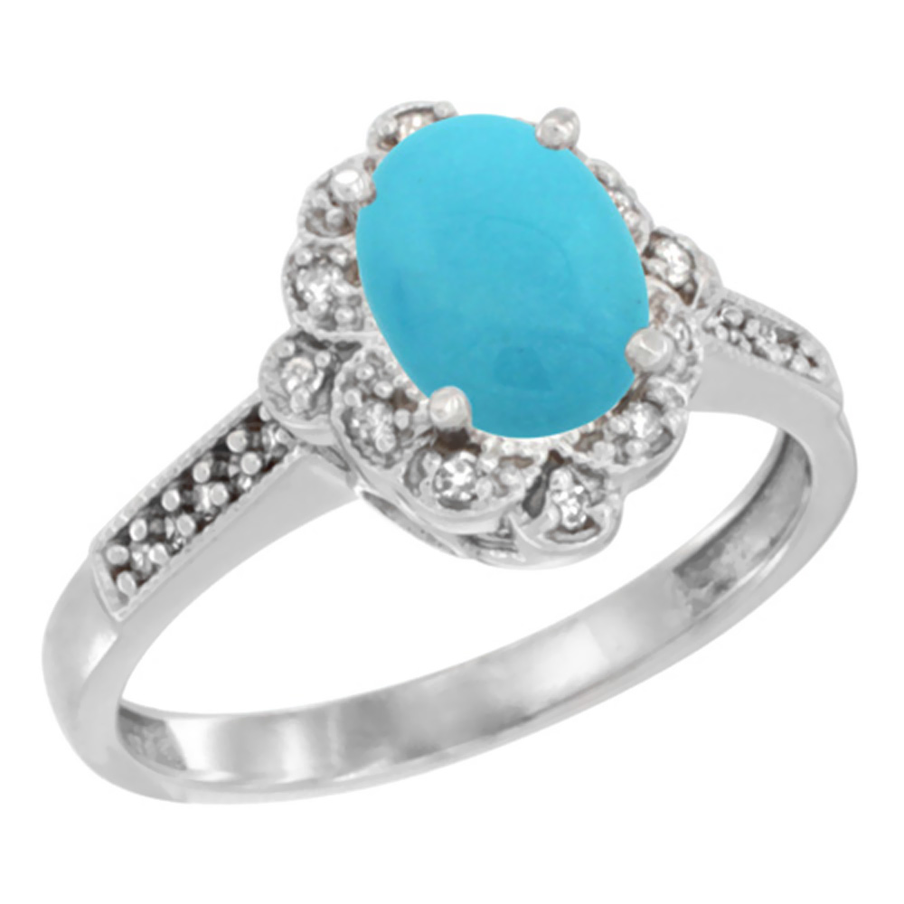 14K White Gold Natural Turquoise Ring Oval 8x6 mm Floral Diamond Halo, sizes 5 - 10