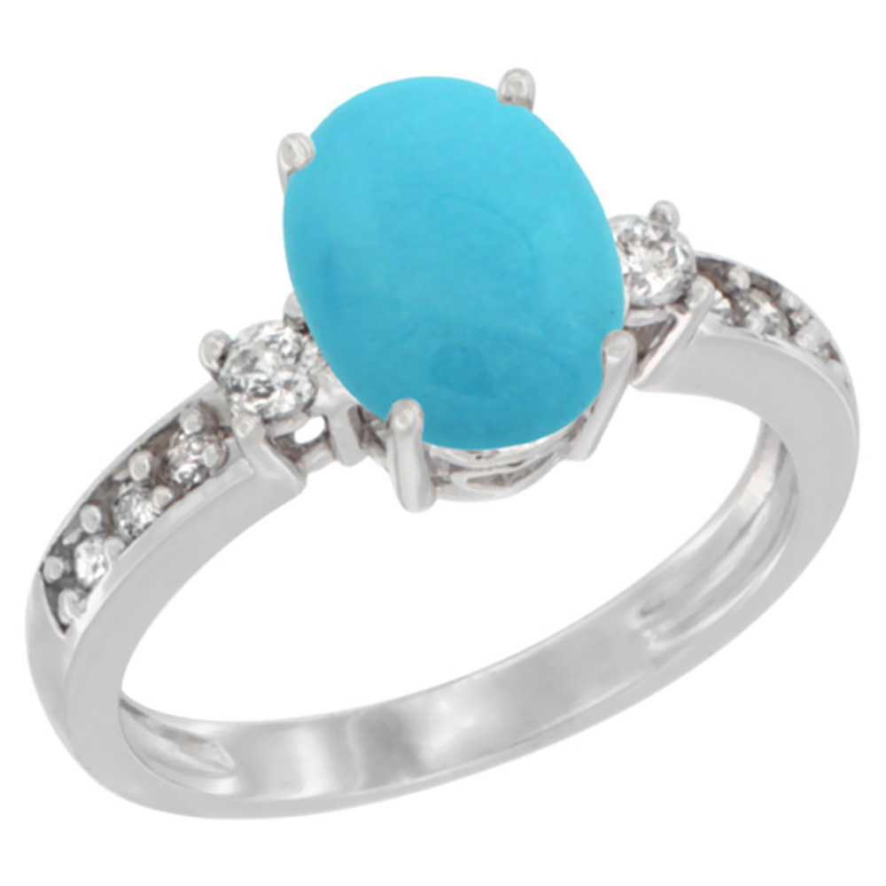10K White Gold Natural Turquoise Ring Oval 9x7 mm Diamond Accent, sizes 5 - 10