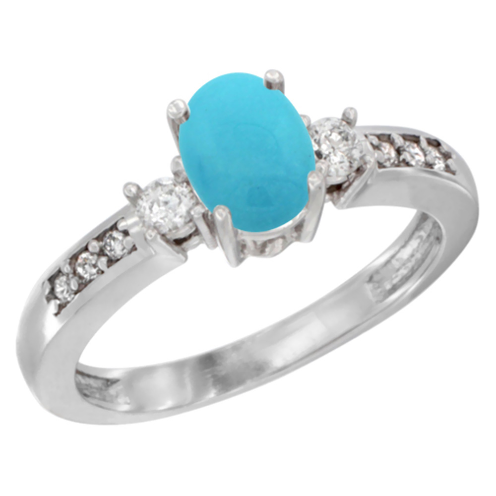 14K White Gold Diamond Natural Turquoise Engagement Ring Oval 7x5 mm, sizes 5 - 10