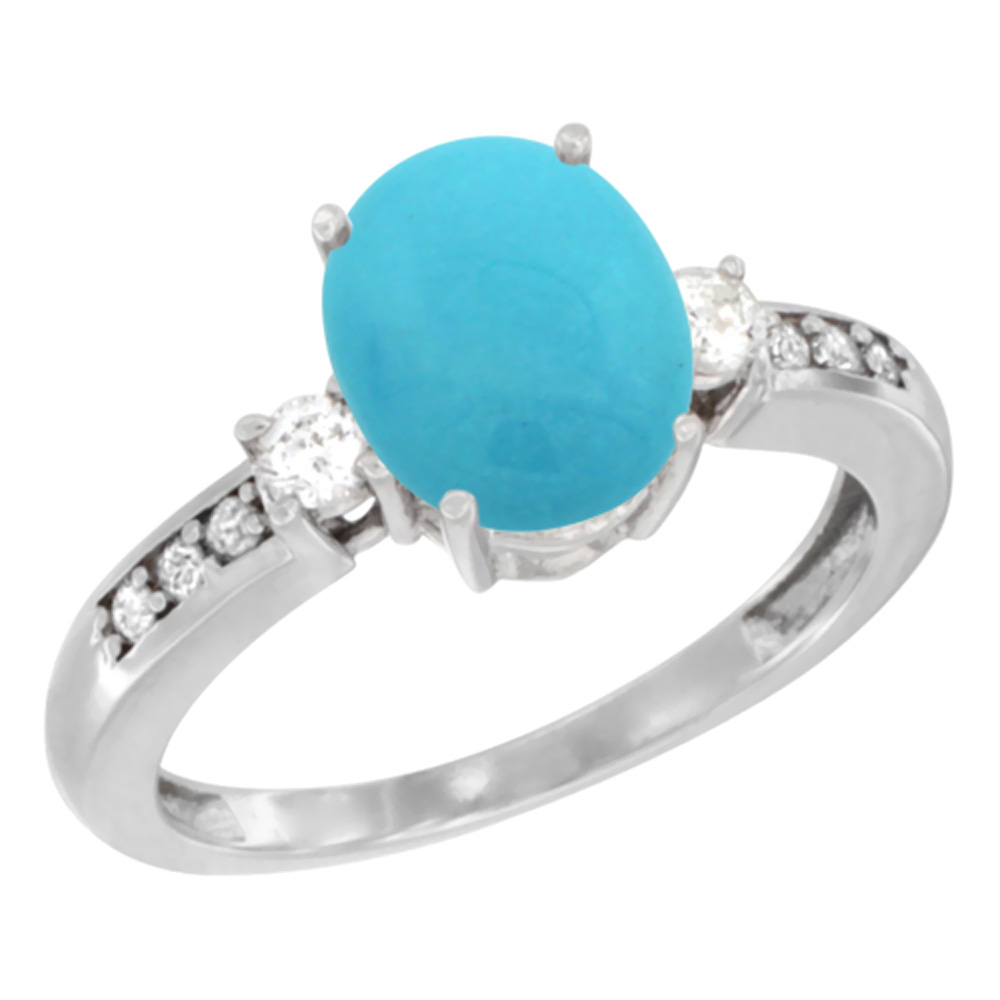 10k White Gold Natural Turquoise Ring Oval 9x7 mm Diamond Accent, sizes 5 - 10
