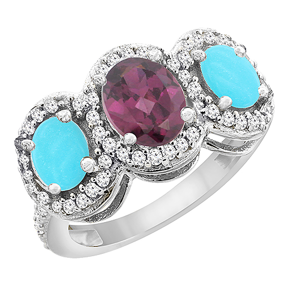 10K White Gold Natural Rhodolite &amp; Turquoise 3-Stone Ring Oval Diamond Accent, sizes 5 - 10