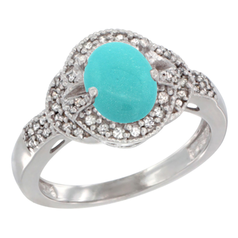 14K White Gold Natural Turquoise Ring Oval 8x6 mm Diamond Accent, sizes 5 - 10