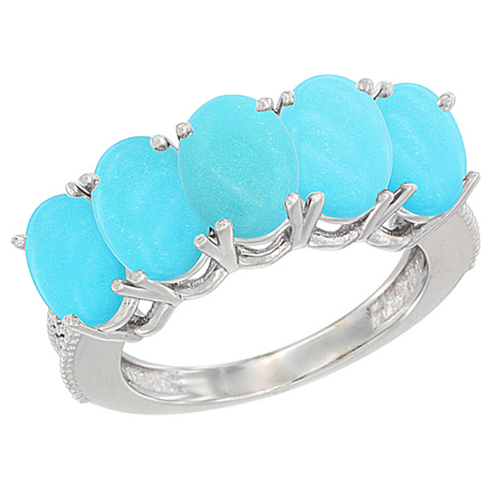 10K Yellow Gold Natural Turquoise 1 ct. Oval 7x5mm 5-Stone Mother&#039;s Ring with Diamond Accents, sizes 5 to 10 with half sizes