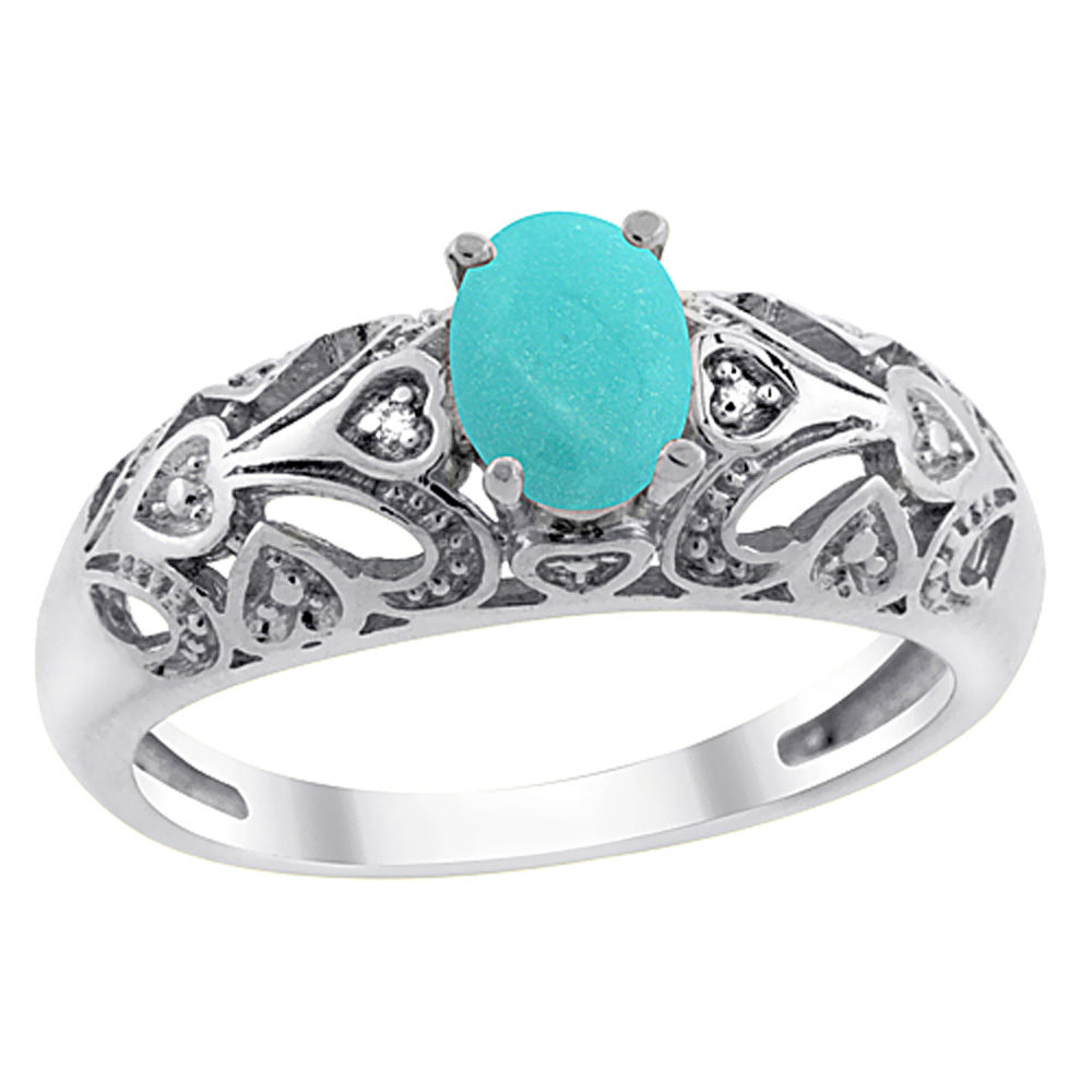 10K White Gold Natural Turquoise Ring Oval 6x4 mm Diamond Accent, sizes 5 - 10