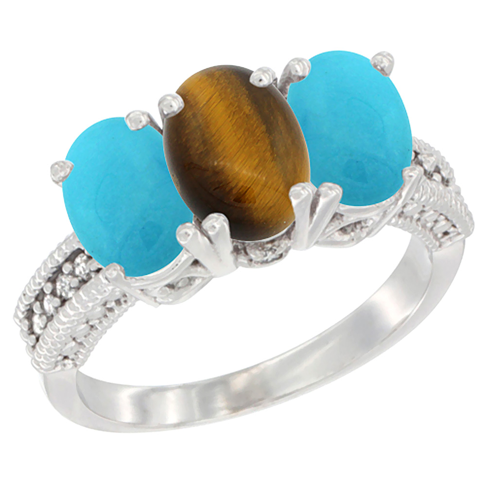 14K White Gold Natural Tiger Eye & Turquoise Sides Ring 3-Stone 7x5 mm Oval Diamond Accent, sizes 5 - 10