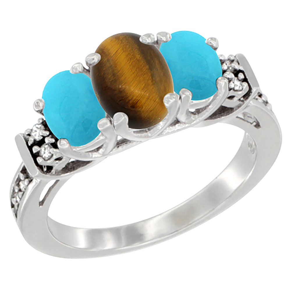 14K White Gold Natural Tiger Eye &amp; Turquoise Ring 3-Stone Oval Diamond Accent, sizes 5-10