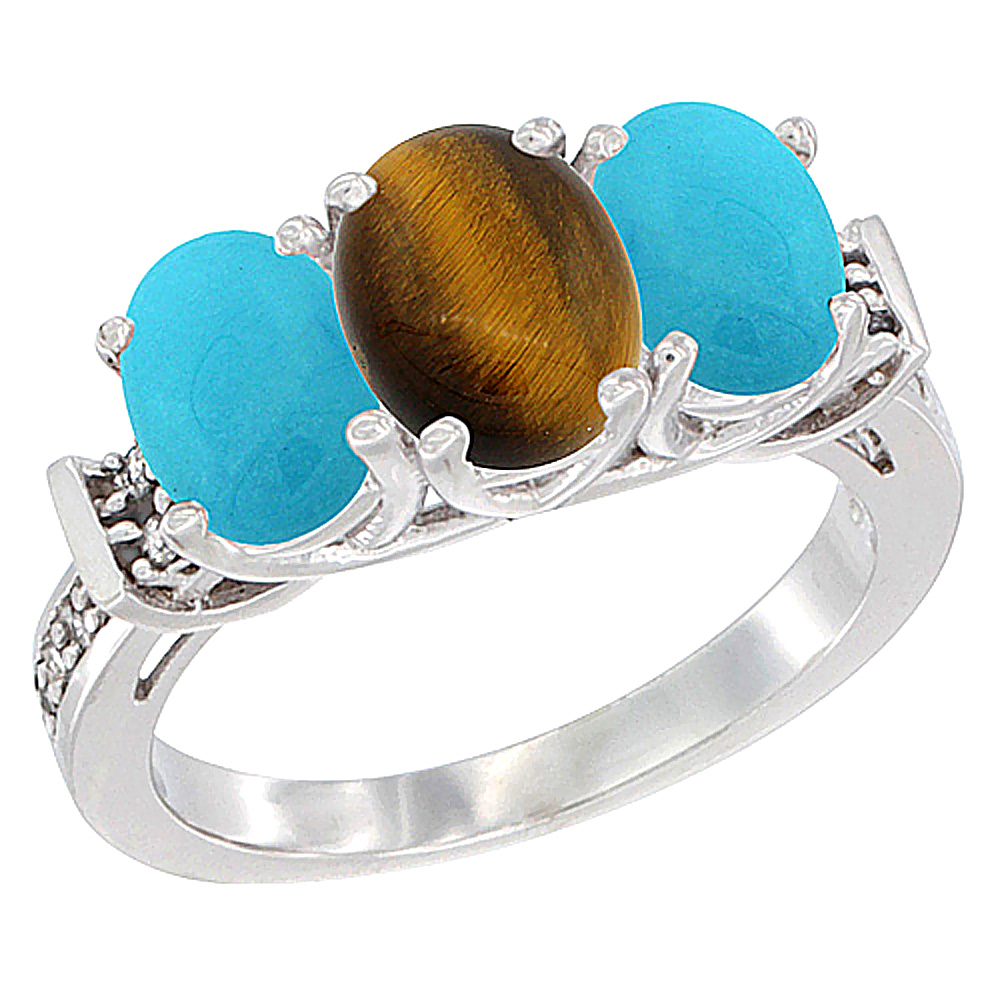 10K White Gold Natural Tiger Eye & Turquoise Sides Ring 3-Stone Oval Diamond Accent, sizes 5 - 10