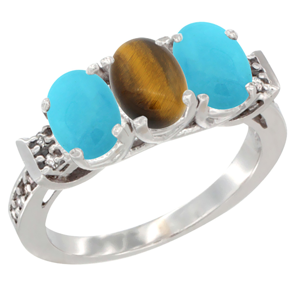 14K White Gold Natural Tiger Eye &amp; Turquoise Sides Ring 3-Stone Oval 7x5 mm Diamond Accent, sizes 5 - 10