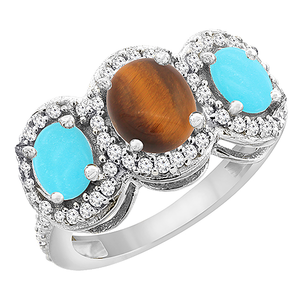 14K White Gold Natural Tiger Eye &amp; Turquoise 3-Stone Ring Oval Diamond Accent, sizes 5 - 10