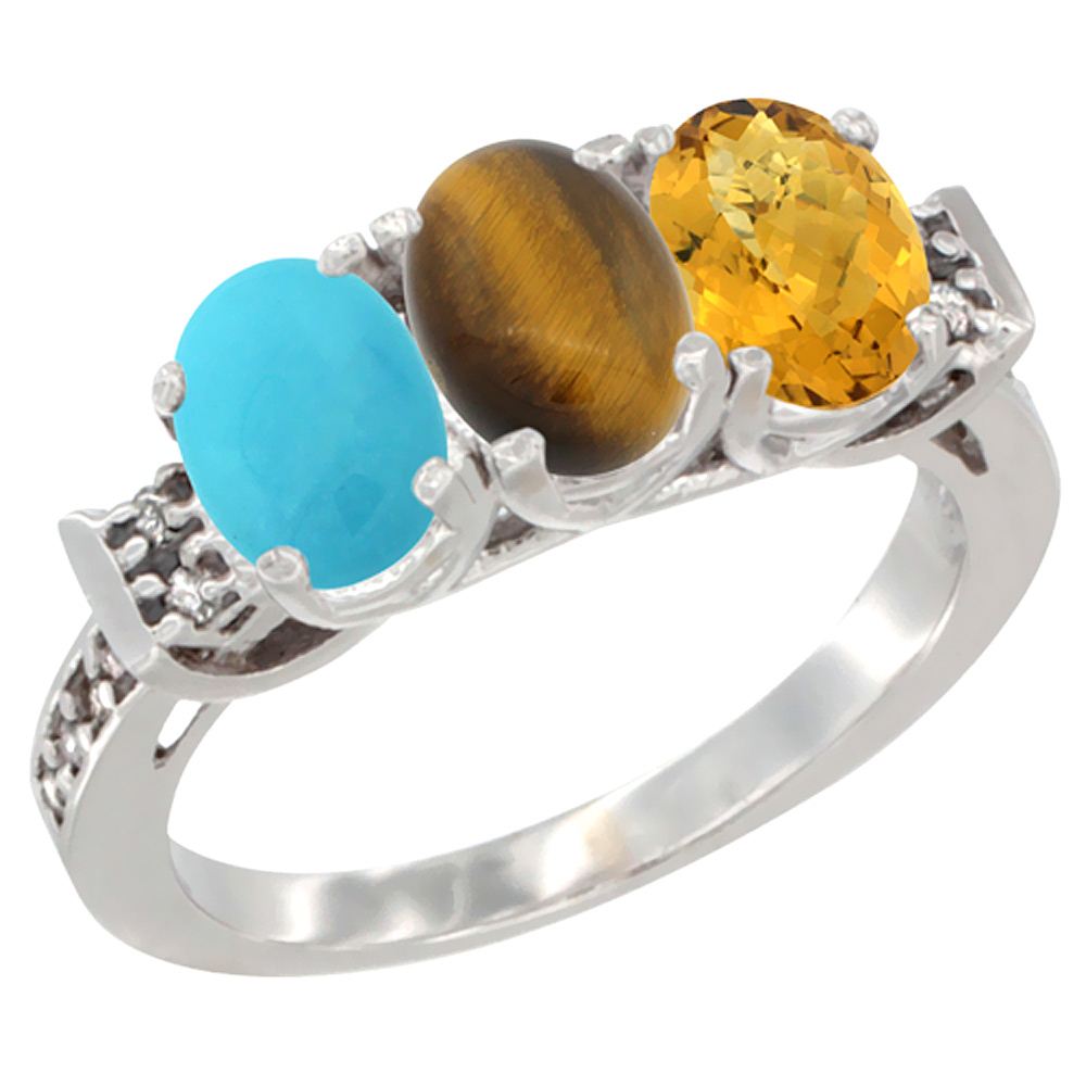 14K White Gold Natural Turquoise, Tiger Eye &amp; Whisky Quartz Ring 3-Stone Oval 7x5 mm Diamond Accent, sizes 5 - 10