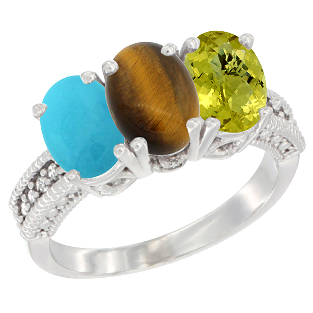 10K White Gold Diamond Natural Turquoise, Tiger Eye & Lemon Quartz Ring 3-Stone 7x5 mm Oval, sizes 5 - 10