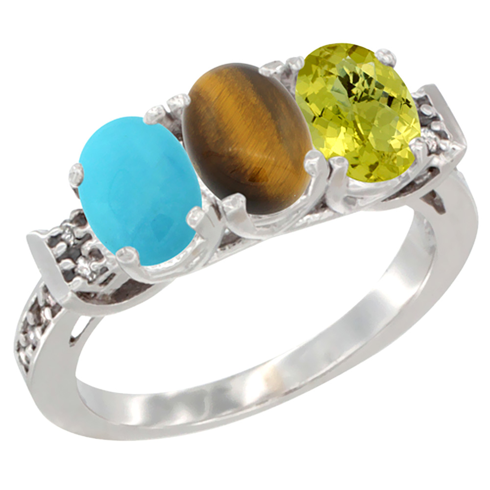 10K White Gold Natural Turquoise, Tiger Eye &amp; Lemon Quartz Ring 3-Stone Oval 7x5 mm Diamond Accent, sizes 5 - 10