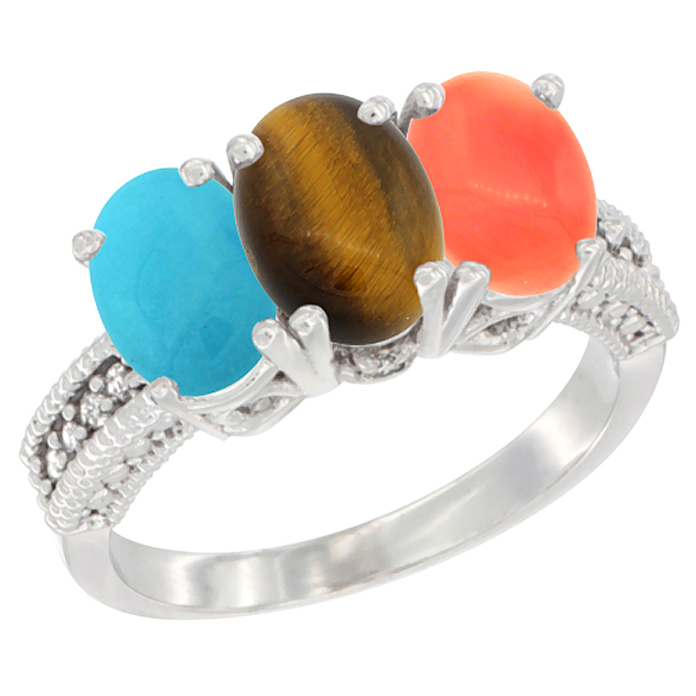 14K White Gold Natural Turquoise, Tiger Eye &amp; Coral Ring 3-Stone 7x5 mm Oval Diamond Accent, sizes 5 - 10