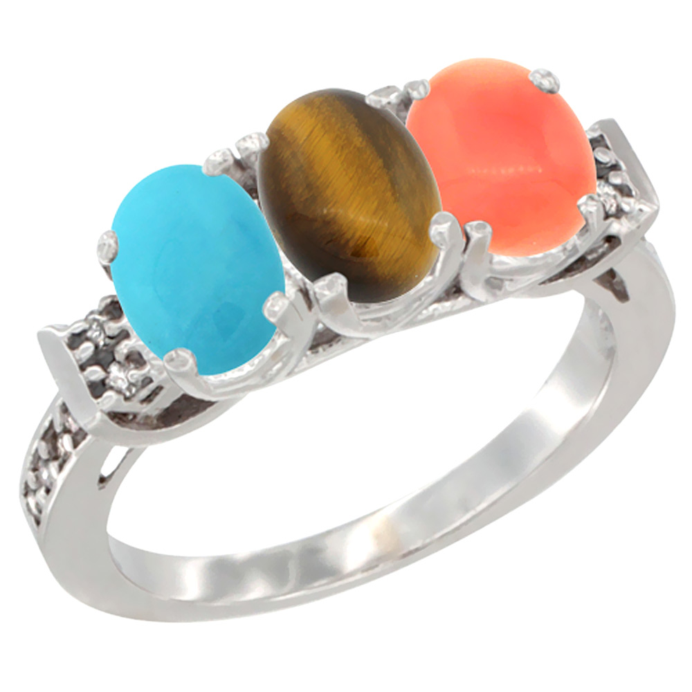 10K White Gold Natural Turquoise, Tiger Eye &amp; Coral Ring 3-Stone Oval 7x5 mm Diamond Accent, sizes 5 - 10