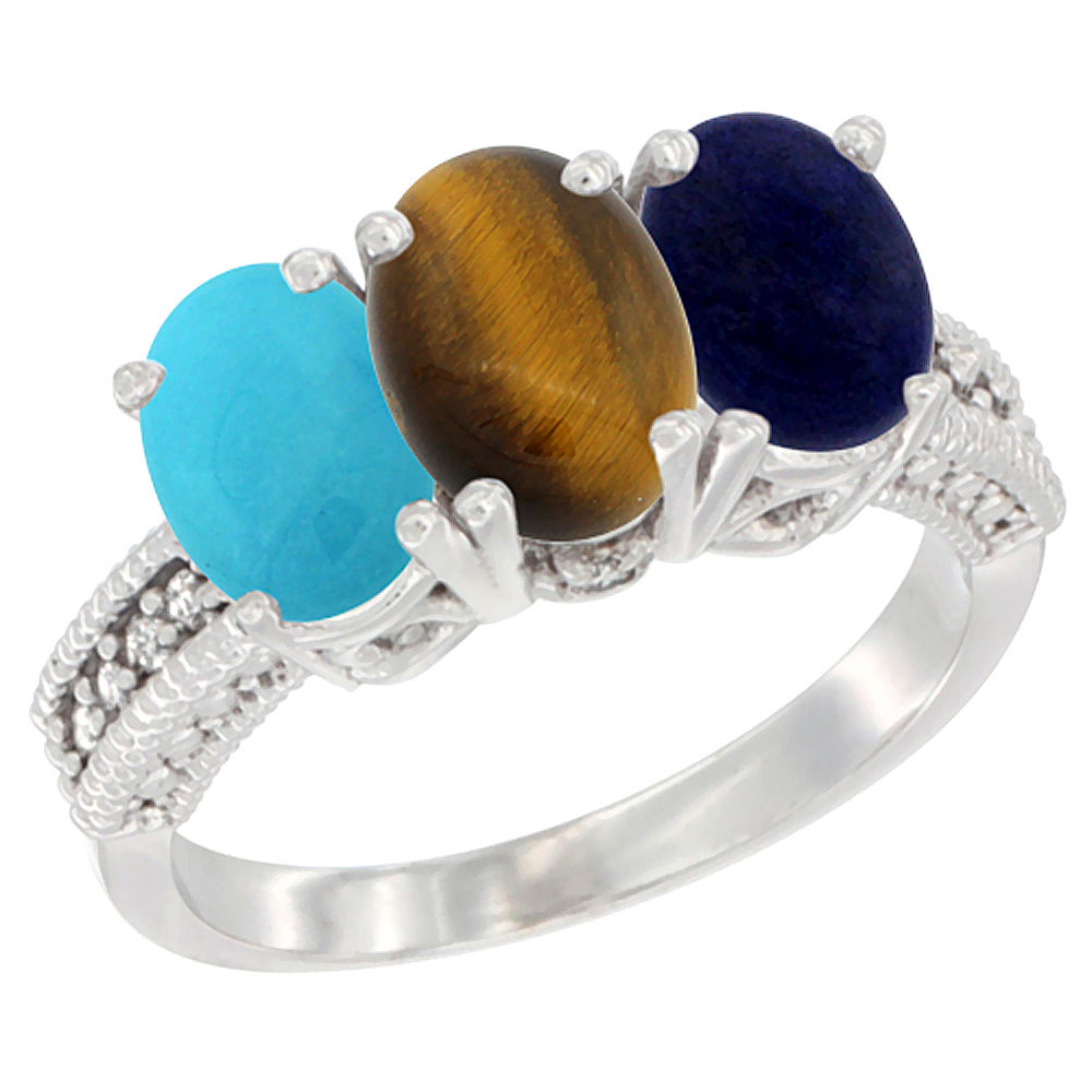 14K White Gold Natural Turquoise, Tiger Eye & Lapis Ring 3-Stone 7x5 mm Oval Diamond Accent, sizes 5 - 10