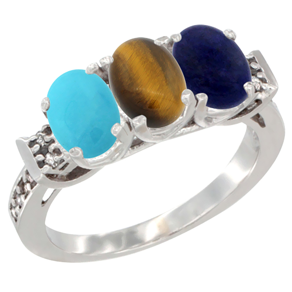 10K White Gold Natural Turquoise, Tiger Eye & Lapis Ring 3-Stone Oval 7x5 mm Diamond Accent, sizes 5 - 10