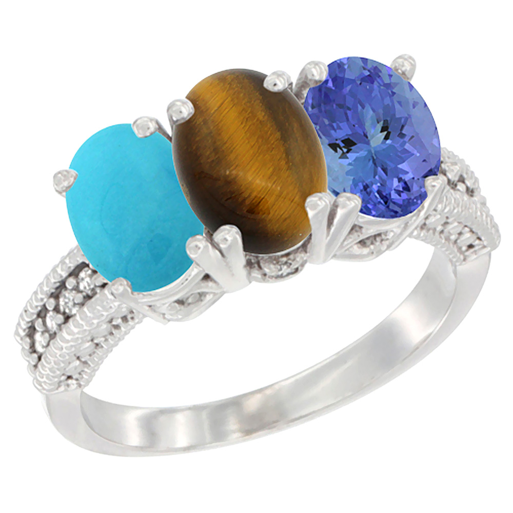 14K White Gold Natural Turquoise, Tiger Eye &amp; Tanzanite Ring 3-Stone 7x5 mm Oval Diamond Accent, sizes 5 - 10