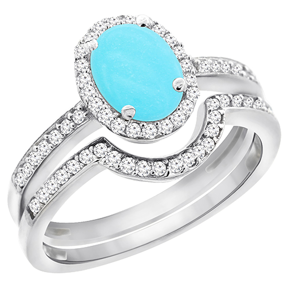 10K White Gold Diamond Natural Turquoise 2-Pc. Engagement Ring Set Oval 8x6 mm, sizes 5 - 10