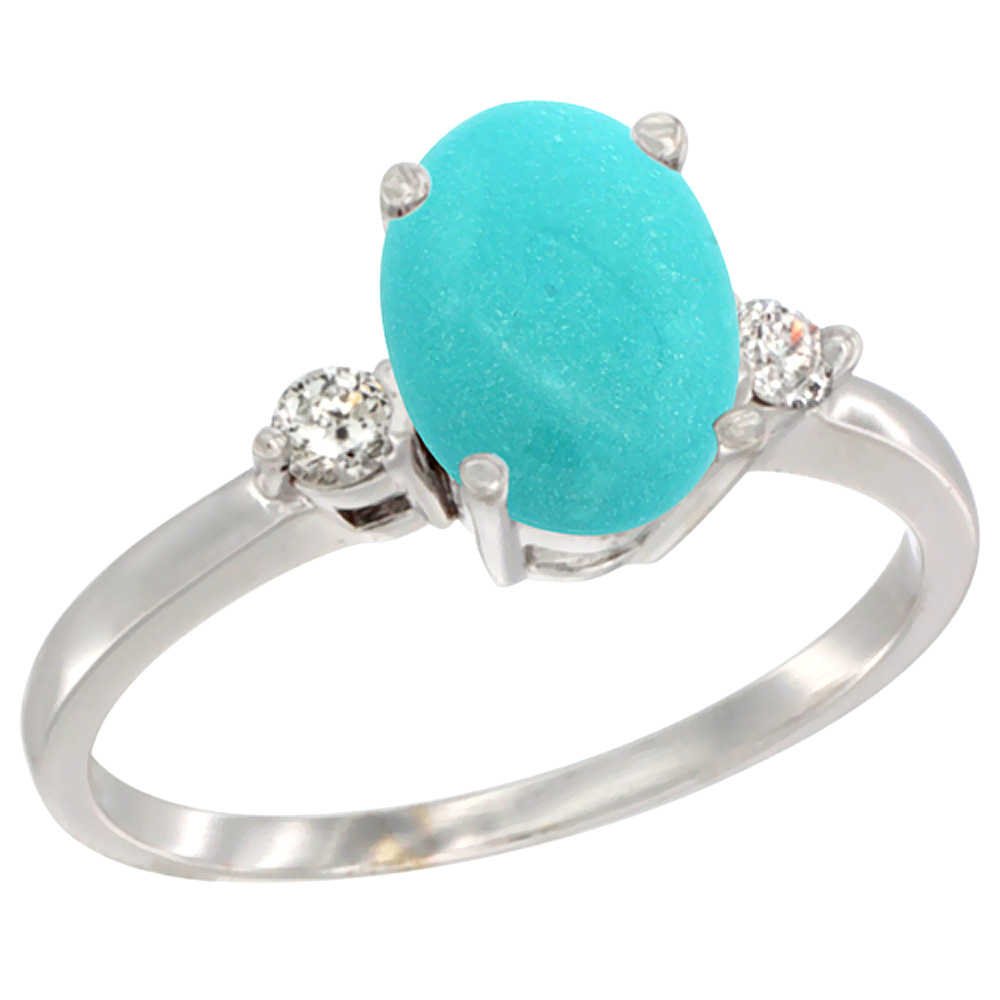 14K White Gold Natural Turquoise Ring Oval 9x7 mm Diamond Accent, sizes 5 to 10