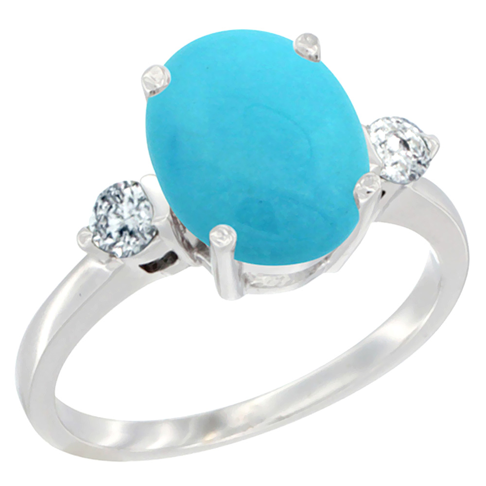 14K White Gold 10x8mm Oval Natural Turquoise Ring for Women Diamond Side-stones sizes 5 - 10