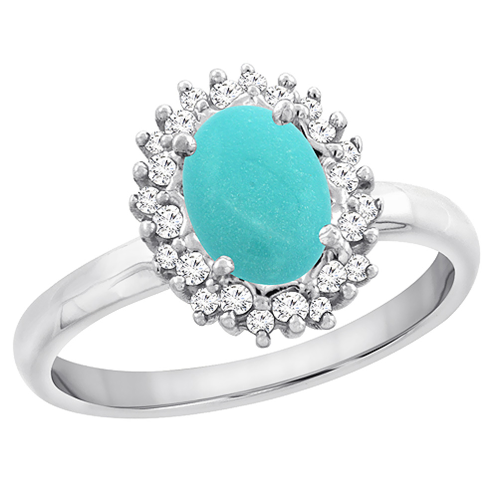 14K White Gold Diamond Natural Turquoise Engagement Ring Oval 7x5mm, sizes 5 - 10