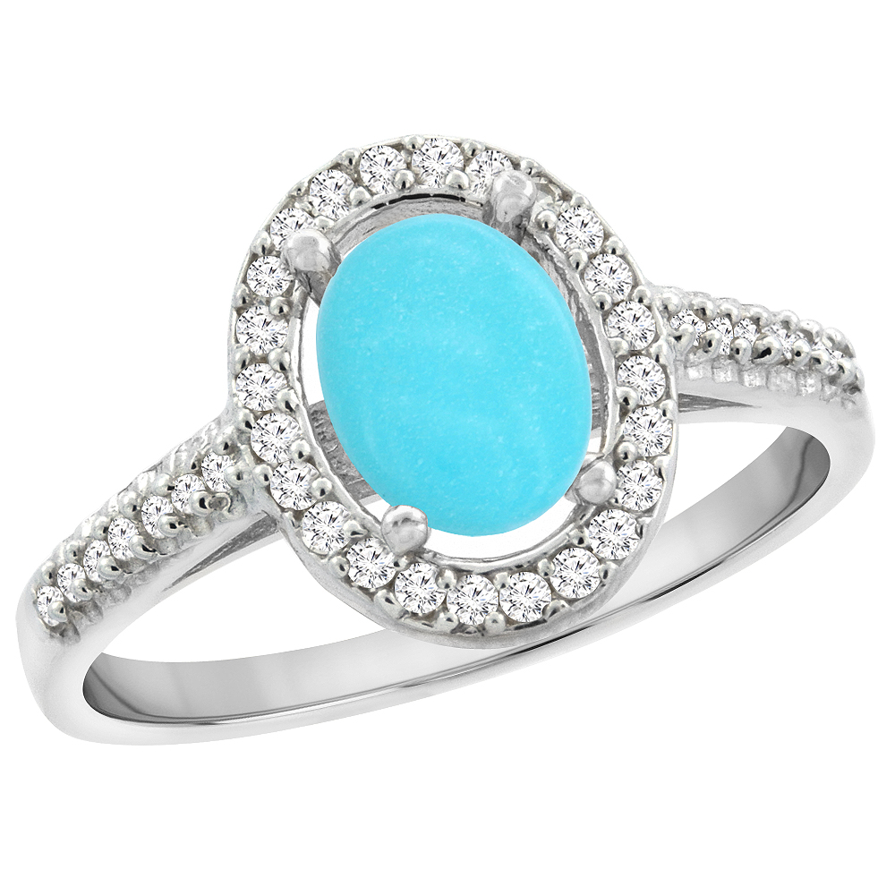 14K White Gold Natural Turquoise Engagement Ring Oval 7x5 mm Diamond Halo, sizes 5 - 10