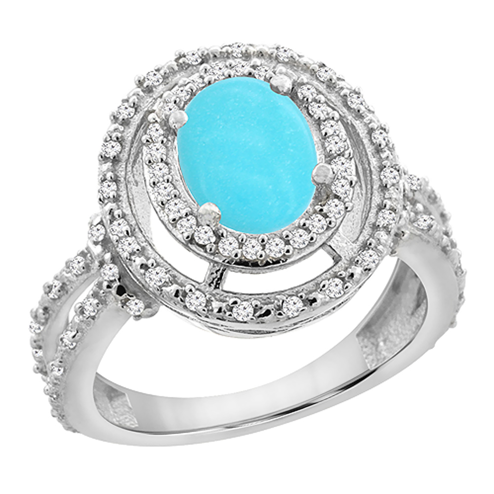 10K White Gold Natural Turquoise Ring Oval 8x6 mm Double Halo Diamond, sizes 5 - 10