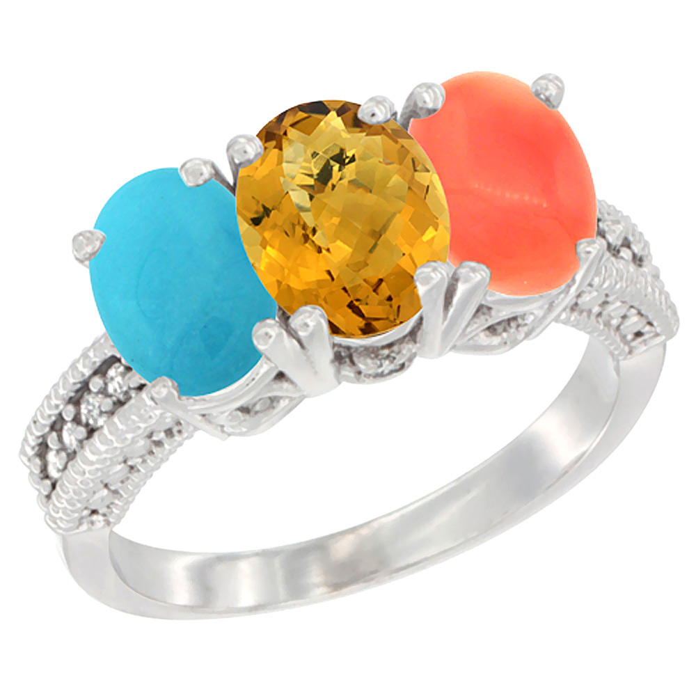 14K White Gold Natural Turquoise, Whisky Quartz &amp; Coral Ring 3-Stone 7x5 mm Oval Diamond Accent, sizes 5 - 10