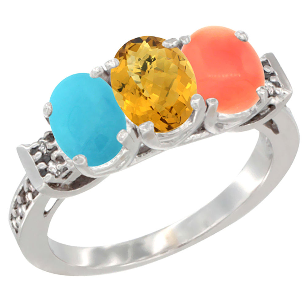 10K White Gold Natural Turquoise, Whisky Quartz &amp; Coral Ring 3-Stone Oval 7x5 mm Diamond Accent, sizes 5 - 10