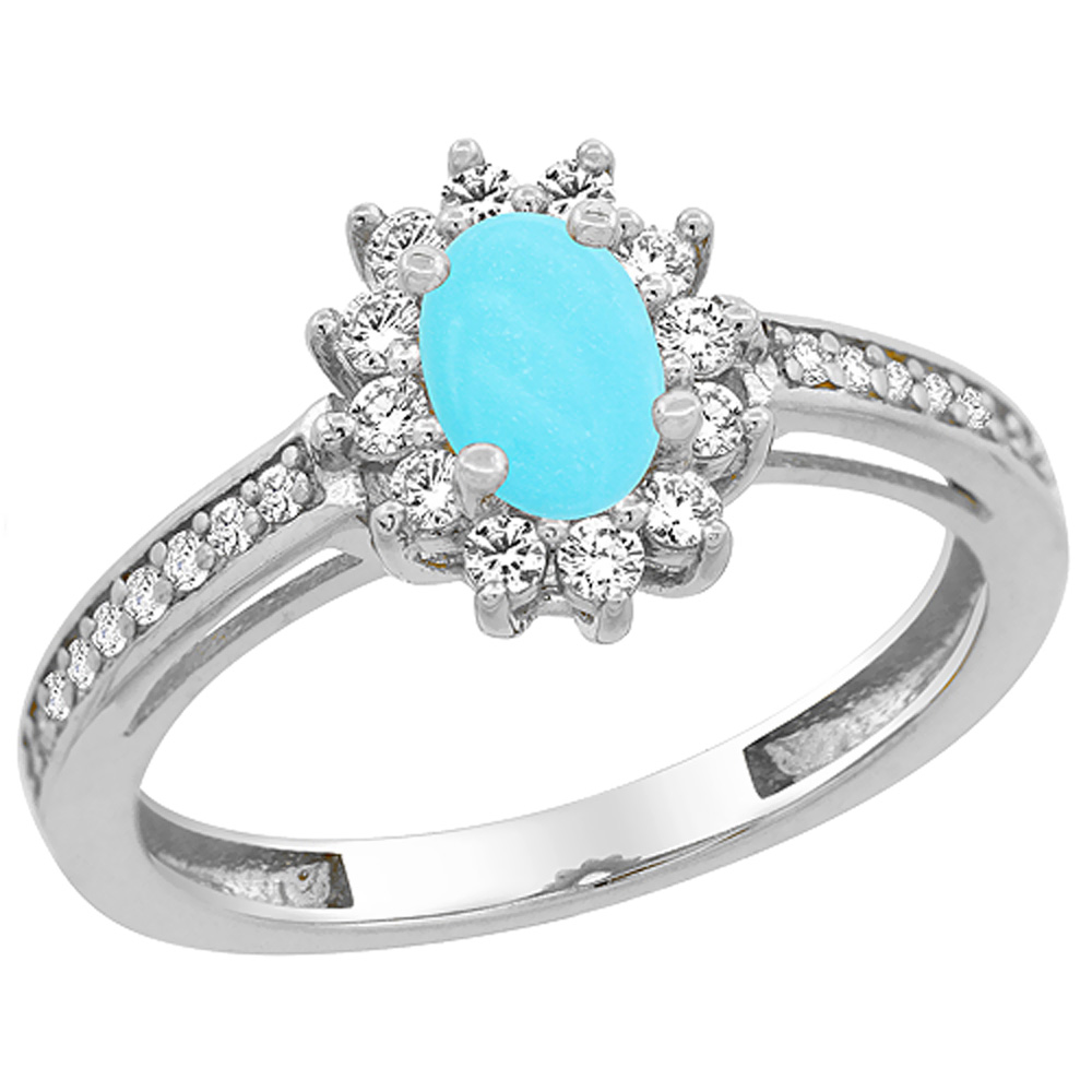 14K White Gold Natural Turquoise Flower Halo Ring Oval 6x4mm Diamond Accents, sizes 5 - 10