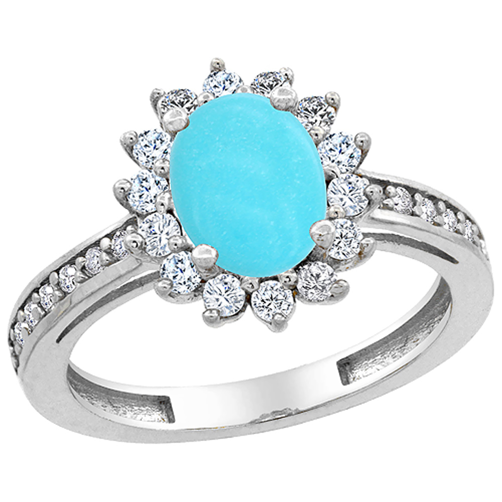 10K White Gold Natural Turquoise Floral Halo Ring Oval 8x6mm Diamond Accents, sizes 5 - 10