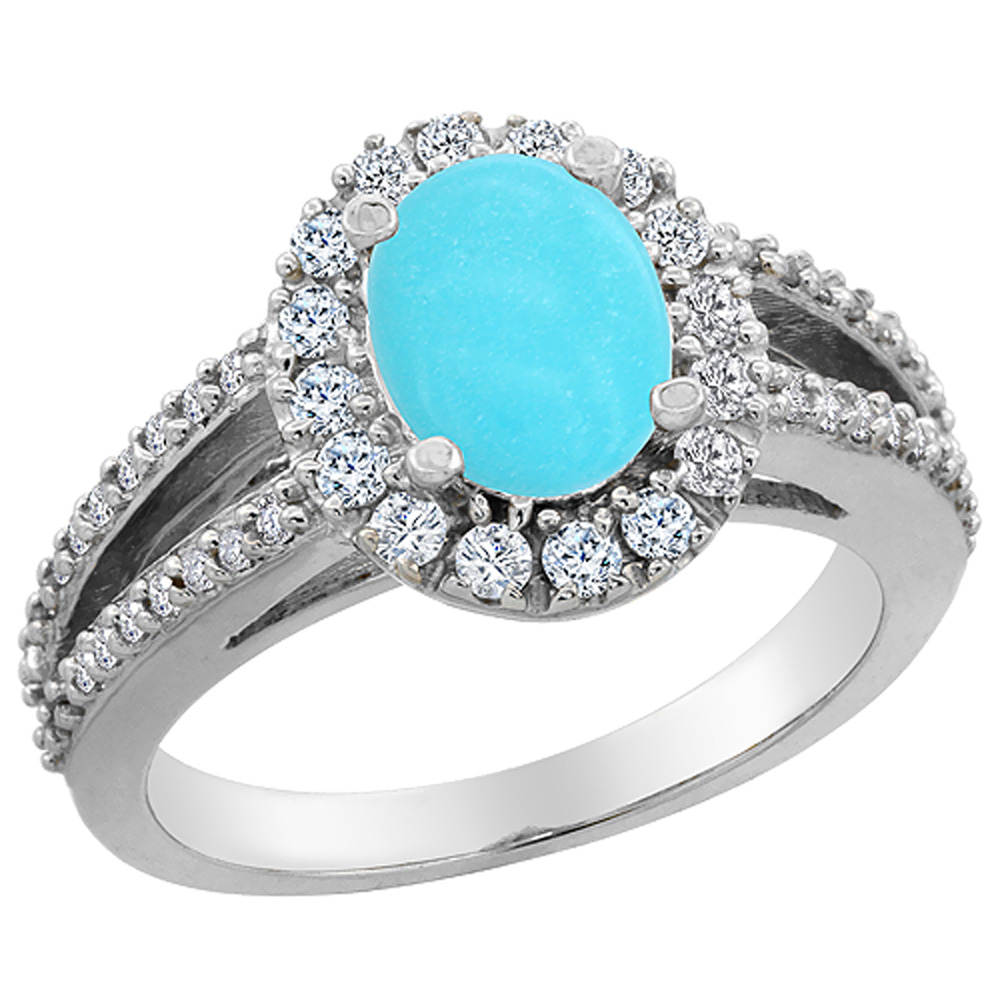 10K White Gold Natural Turquoise Halo Ring Oval 8x6 mm with Diamond Accents, sizes 5 - 10