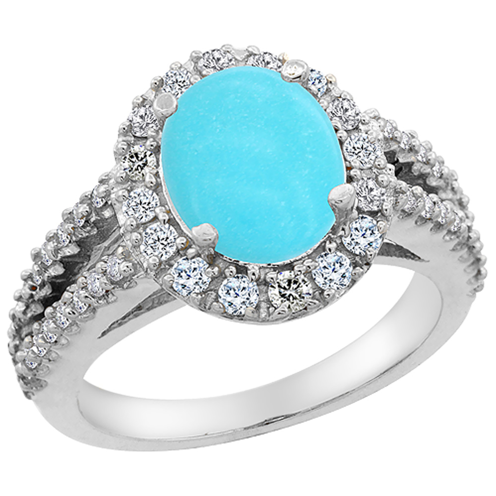 14K White Gold Natural Diamond Sleeping Beauty Turquoise Engagement Ring Oval 10x8mm, sizes 5-10