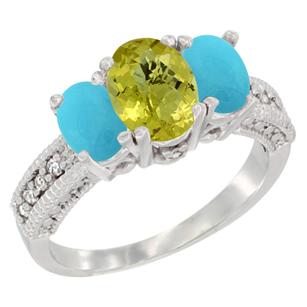 10K White Gold Diamond Natural Lemon Quartz Ring Oval 3-stone with Turquoise, sizes 5 - 10