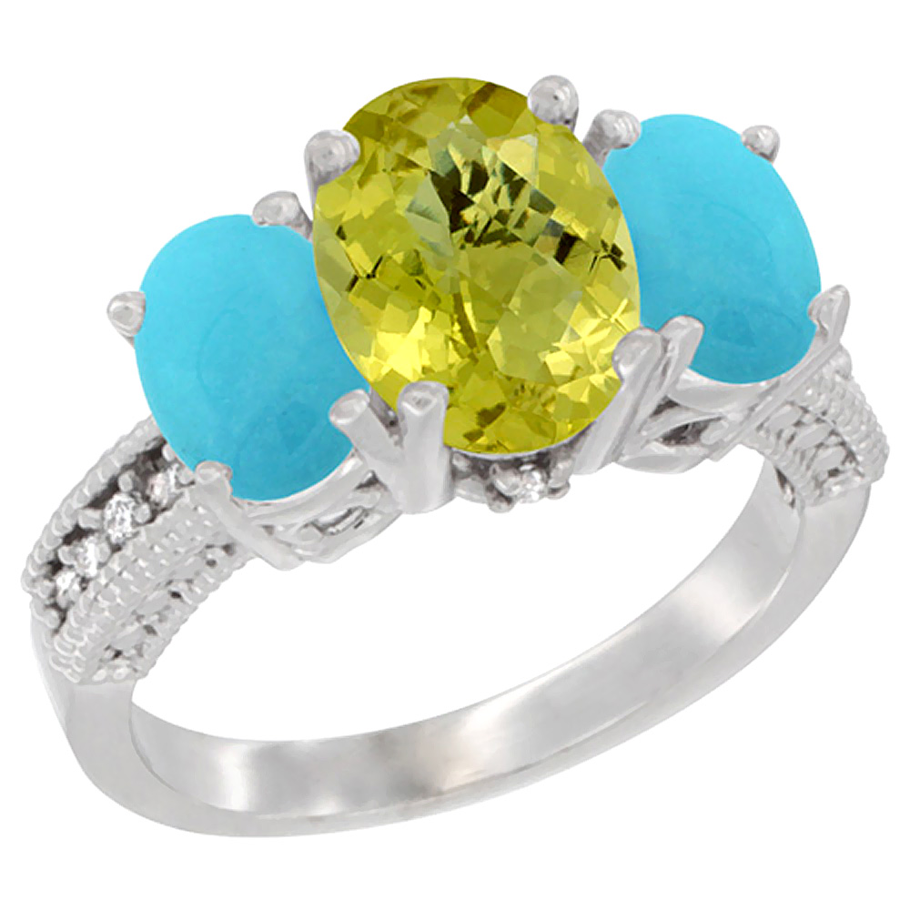 14K White Gold Diamond Natural Lemon Quartz Ring 3-Stone Oval 8x6mm with Turquoise, sizes5-10