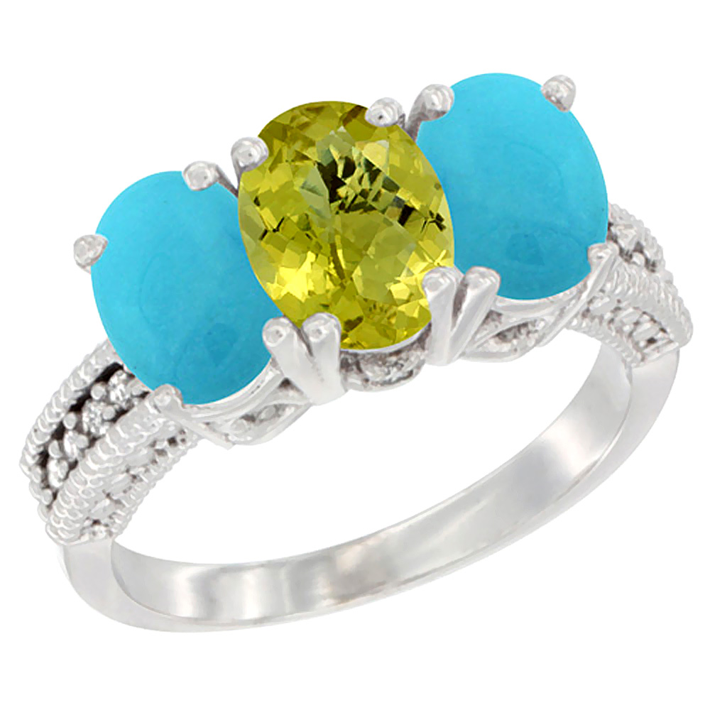 10K White Gold Diamond Natural Lemon Quartz &amp; Turquoise Ring 3-Stone 7x5 mm Oval, sizes 5 - 10