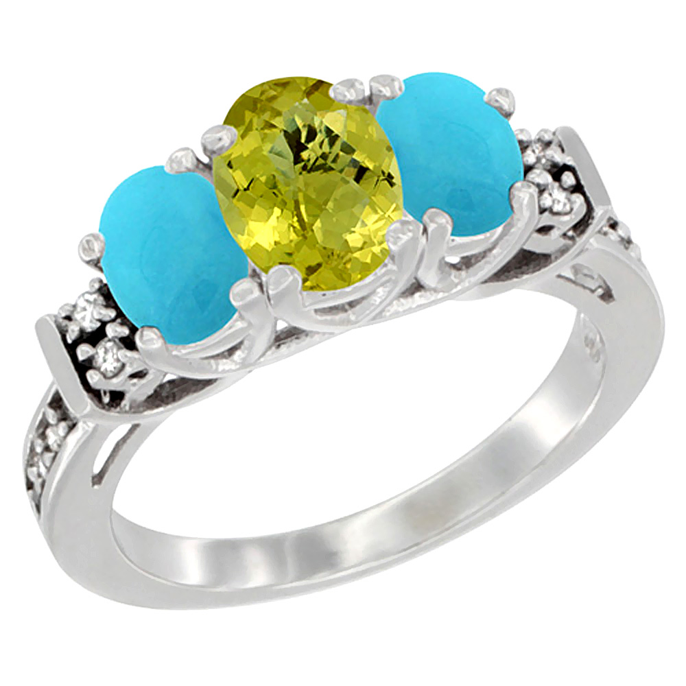 14K White Gold Natural Lemon Quartz &amp; Turquoise Ring 3-Stone Oval Diamond Accent, sizes 5-10