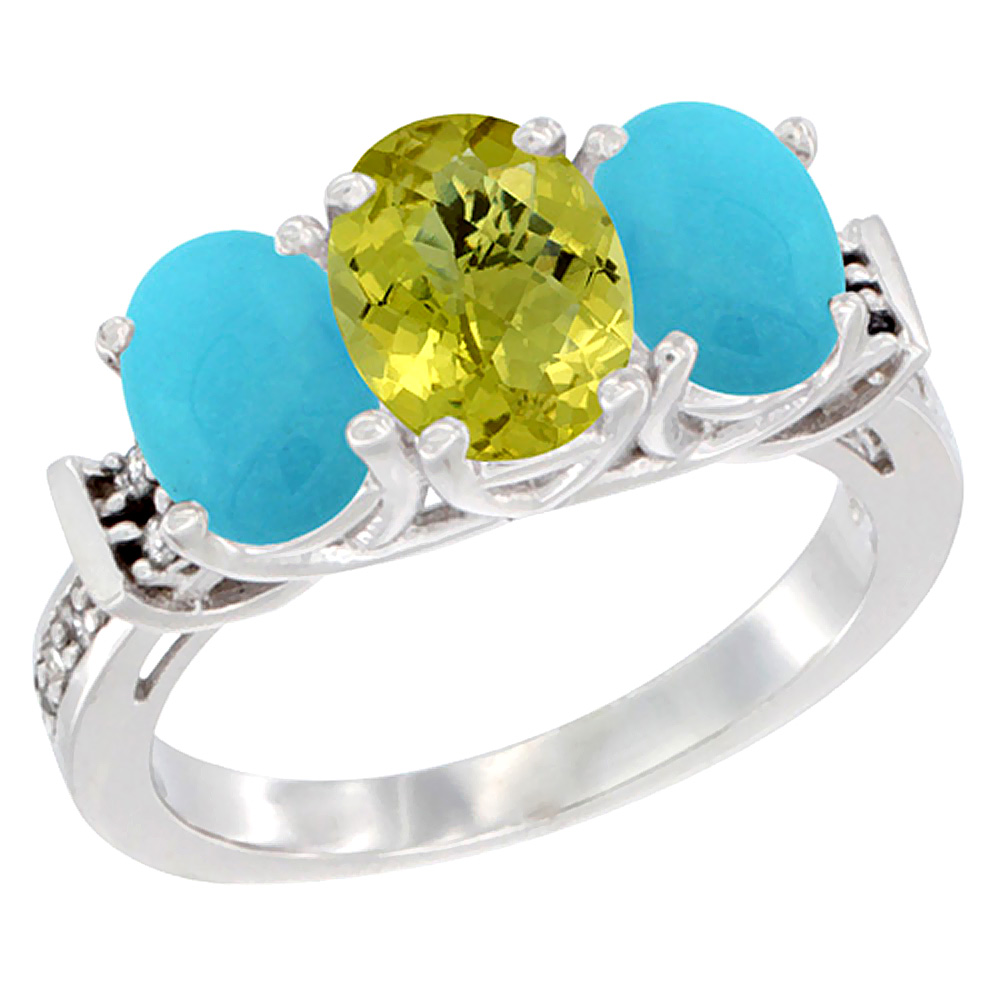 14K White Gold Natural Lemon Quartz & Turquoise Sides Ring 3-Stone Oval Diamond Accent, sizes 5 - 10
