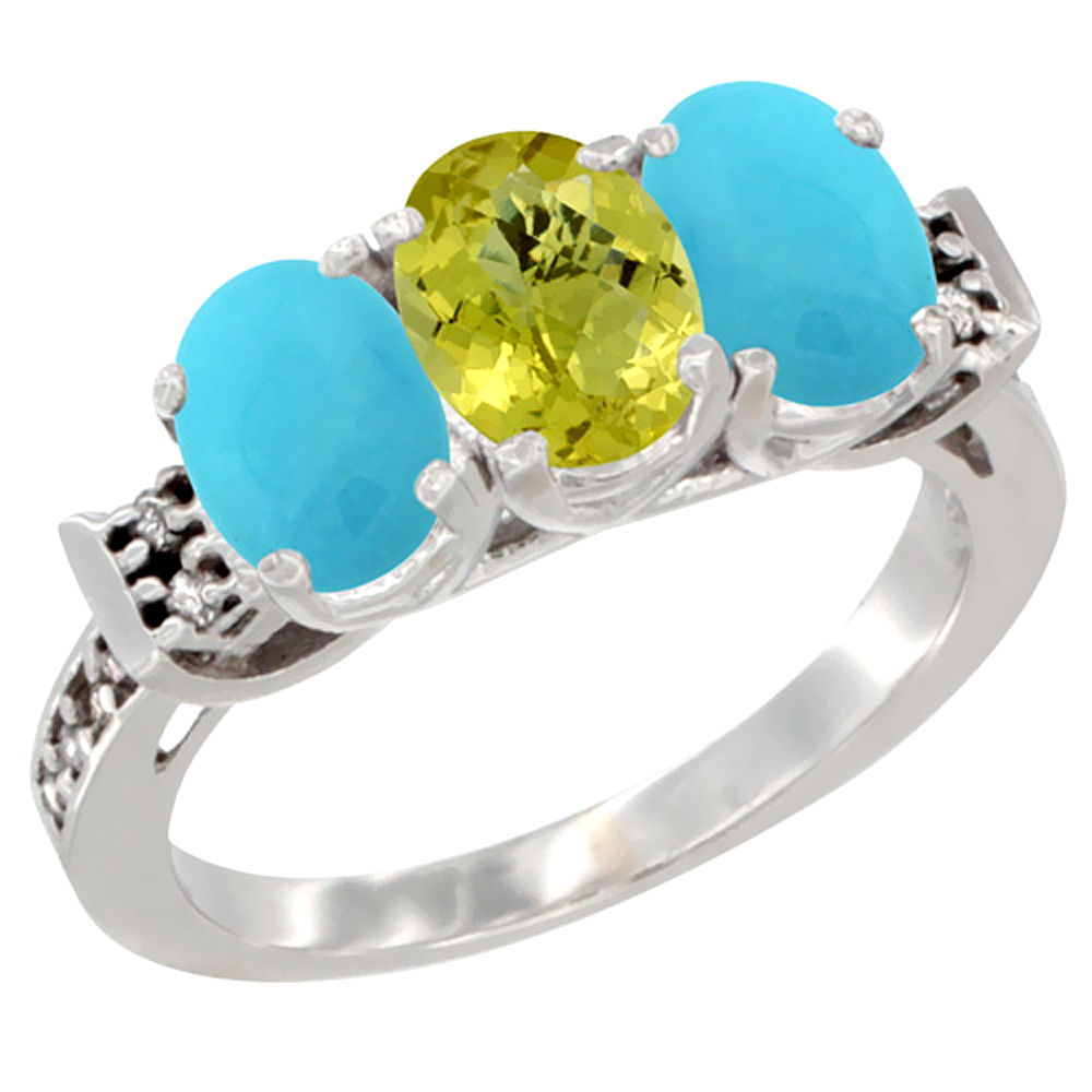14K White Gold Natural Lemon Quartz &amp; Turquoise Sides Ring 3-Stone Oval 7x5 mm Diamond Accent, sizes 5 - 10