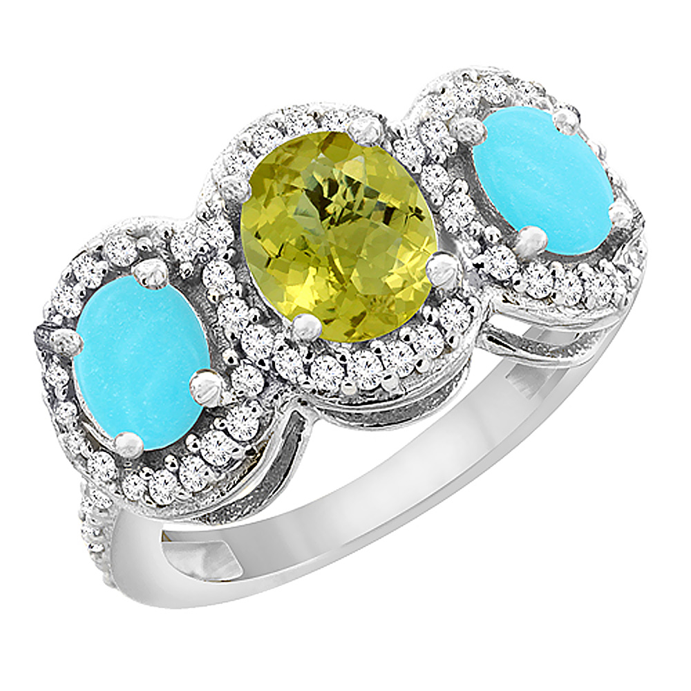 14K White Gold Natural Lemon Quartz & Turquoise 3-Stone Ring Oval Diamond Accent, sizes 5 - 10