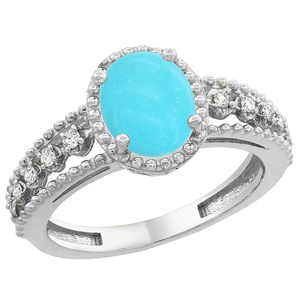 10K White Gold Natural Turquoise Ring Oval 9x7 mm Floating Diamond Accents, sizes 5 - 10