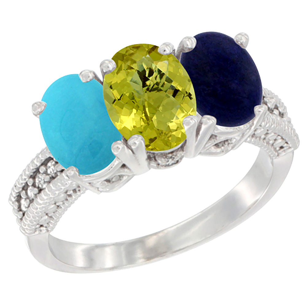 14K White Gold Natural Turquoise, Lemon Quartz & Lapis Ring 3-Stone 7x5 mm Oval Diamond Accent, sizes 5 - 10