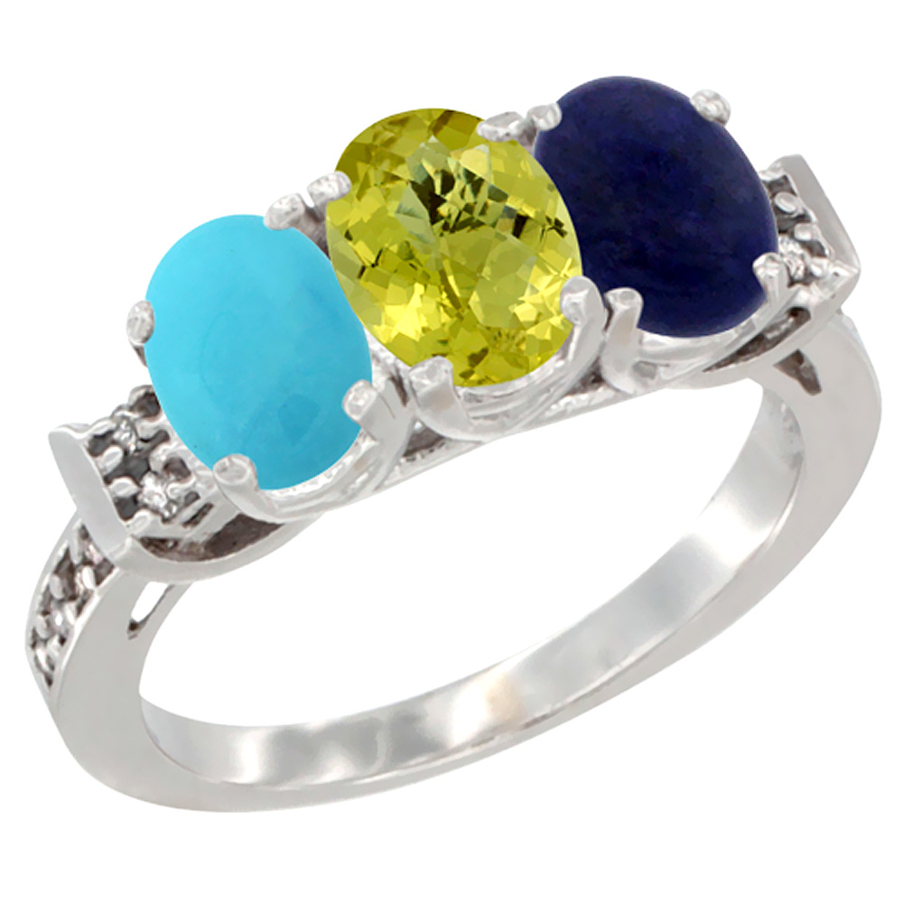10K White Gold Natural Turquoise, Lemon Quartz & Lapis Ring 3-Stone Oval 7x5 mm Diamond Accent, sizes 5 - 10