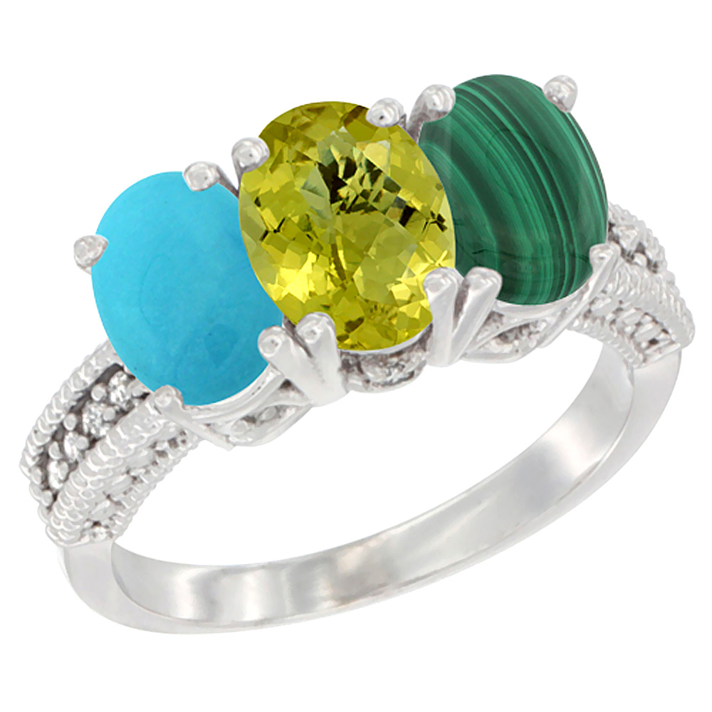 14K White Gold Natural Turquoise, Lemon Quartz & Malachite Ring 3-Stone 7x5 mm Oval Diamond Accent, sizes 5 - 10