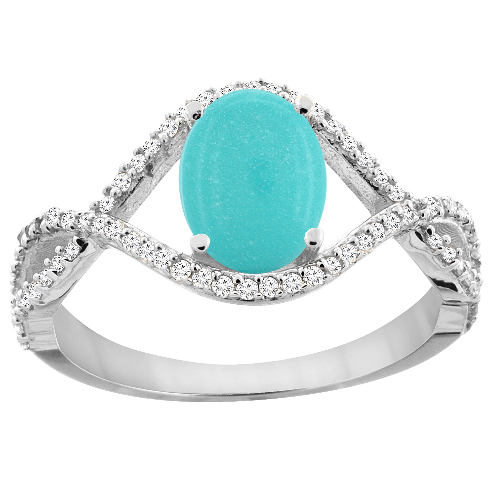 10K White Gold Natural Turquoise Ring Oval 8x6 mm Infinity Diamond Accents, sizes 5 - 10