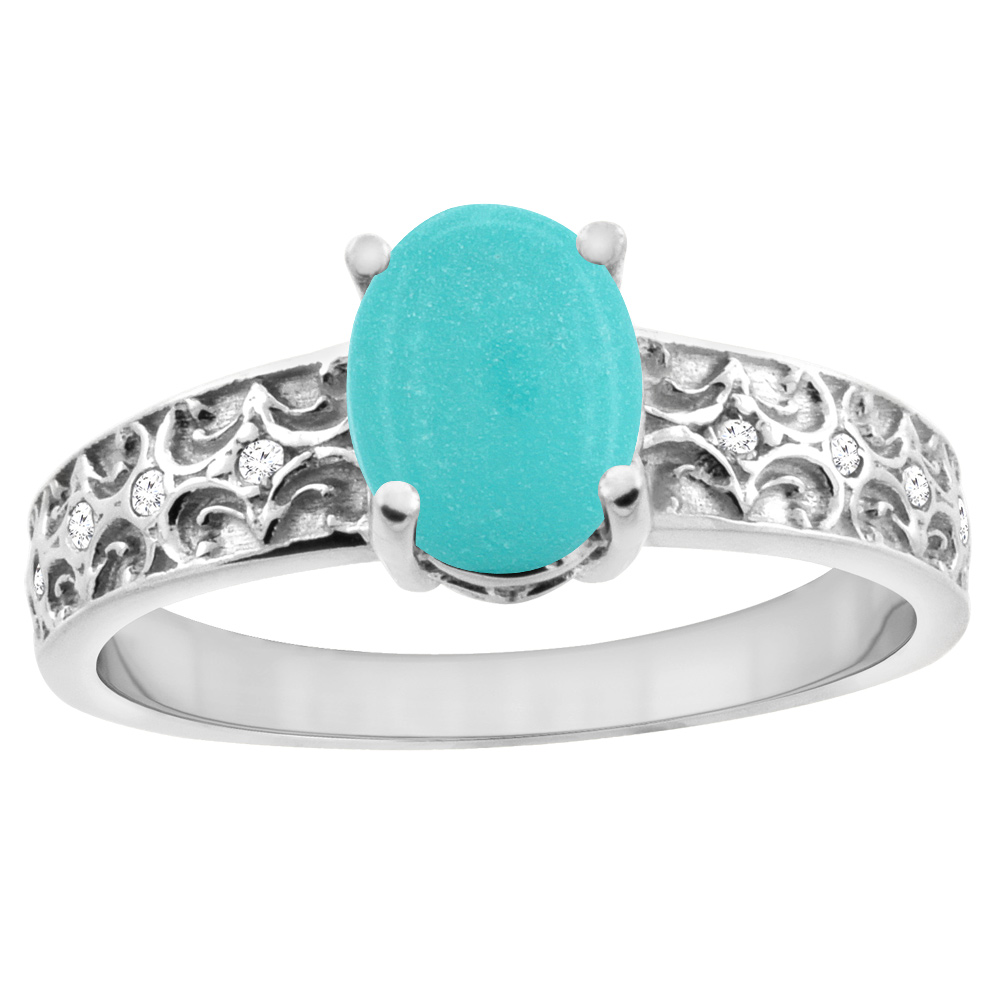14K White Gold Natural Turquoise Ring Oval 8x6 mm Diamond Accents, sizes 5 - 10