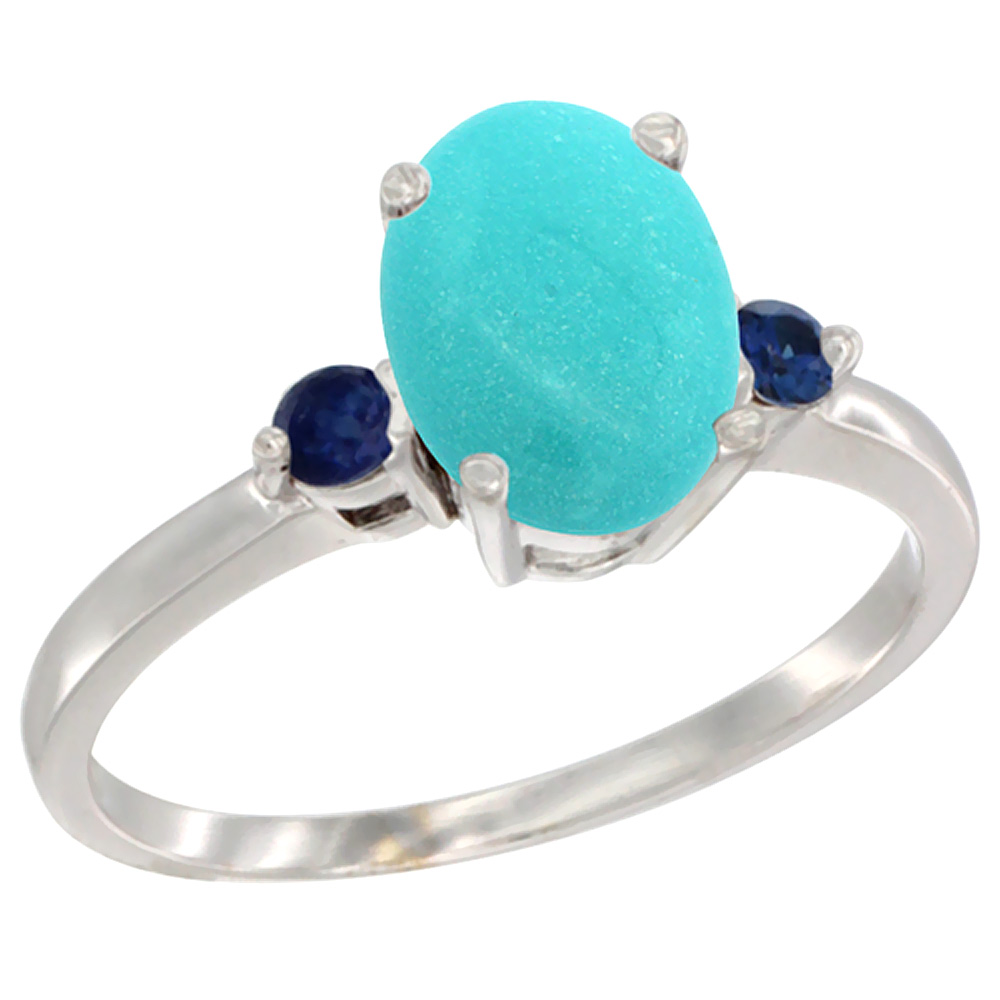 14K White Gold Natural Turquoise Ring Oval 9x7 mm Blue Sapphire Accent, sizes 5 to 10